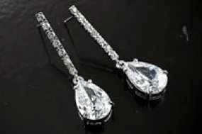 12x8mm Pear Cut CZ and Silvertone Drop Earrings, w/ 1mm Round Cut CZ Stones, pair