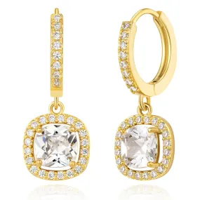 14K Gold Huggies Hoop Dangle Drop Earrings- Square diamond hoop