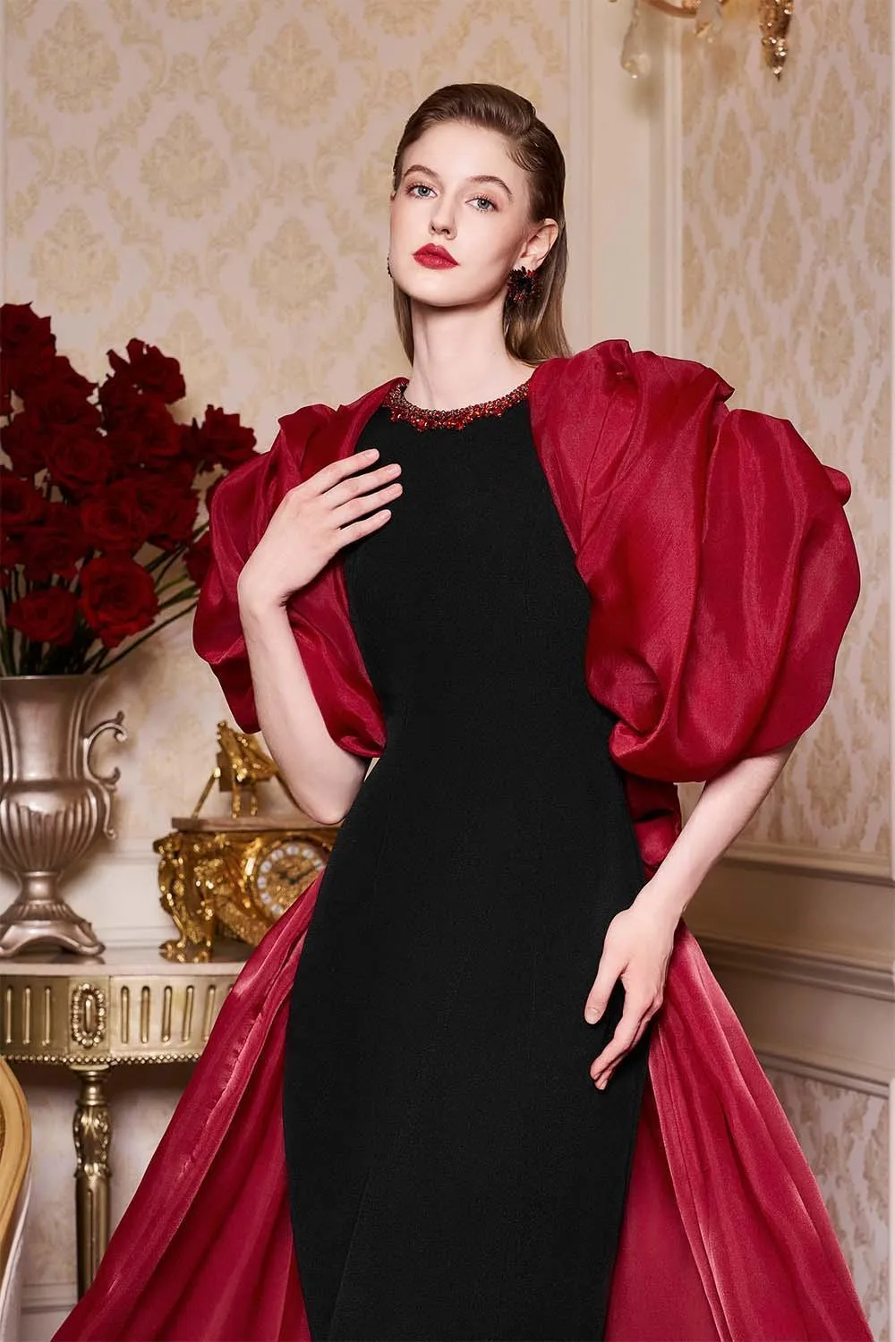 Astrid Sheath Puffy Sleeved Scuba Floor Length Dress