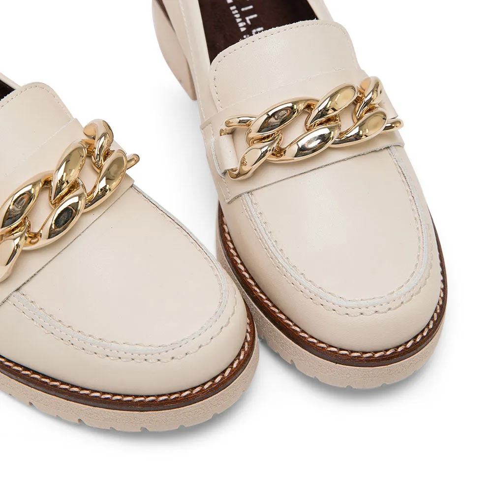 Beige Leather Mid-Heel Loafers with Chain Detail