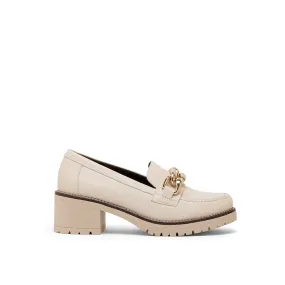 Beige Leather Mid-Heel Loafers with Chain Detail