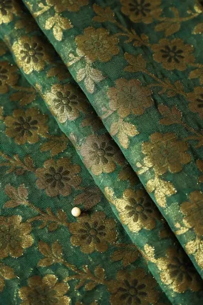 Bottle Green Floral Pure Net Gold Zari Banarasi Jacquard Fabric