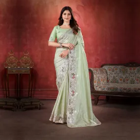 Glamour Serene Light Green Embroidered Saree