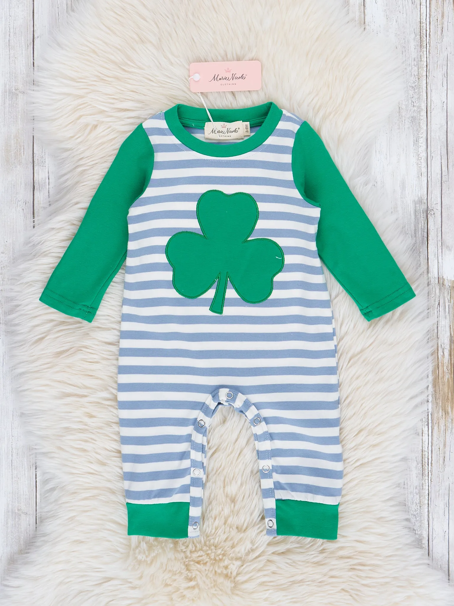 Grey Striped Green Embroidered Shamrock Romper