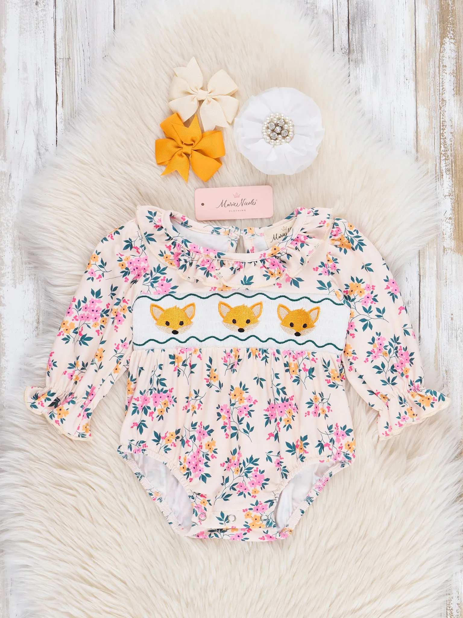 Hunter Green Floral Smocked Little Fox Bubble