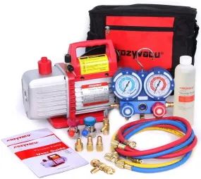 Kozyvacu Mini Split/HVAC/AUTO AC Repair Complete Tool Kit with 1-Stage 4.5 CFM Vacuum Pump, Manifold Gauge Set, Hoses and its Acccessories