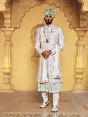 Men Sea Green and White Embroidered Groom Sherwani