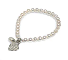 Pearl Bracelet With Sterling Silver Filagree Heart & Pearl Charm