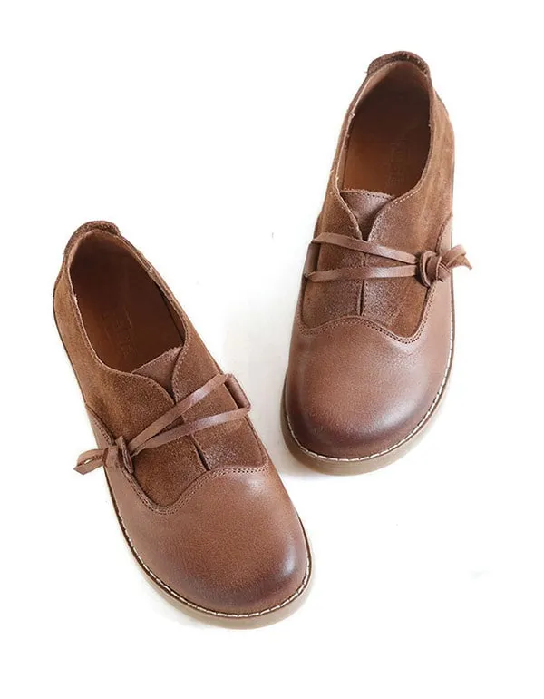 Round Head Handmade Leather Retro Flat Shoes