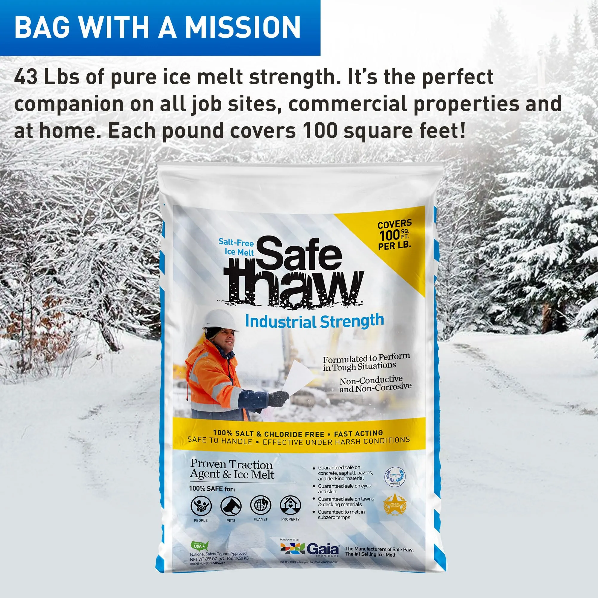 Safe Paw Industrial Strength Salt Free Pet Safe Snow Ice Melter and Traction Agent for Concrete, Asphalt, Decks, Lawns, and More, 43 lb Bag, 40 Pack