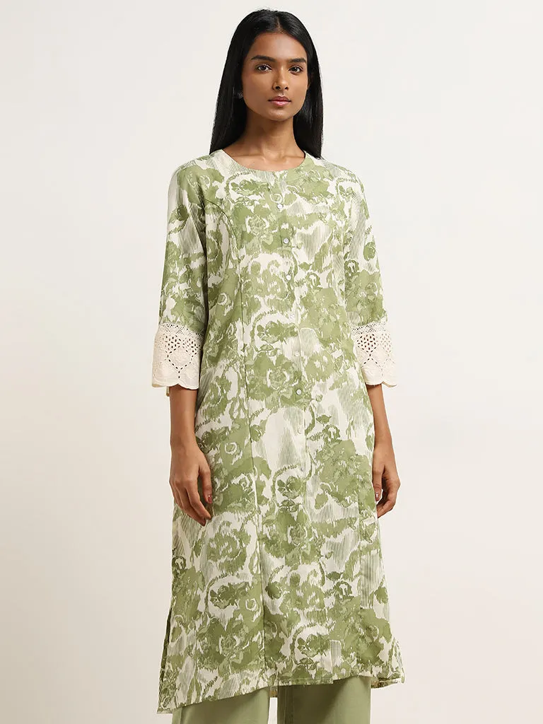 Utsa Green Ikat Printed A-Line Cotton Kurta