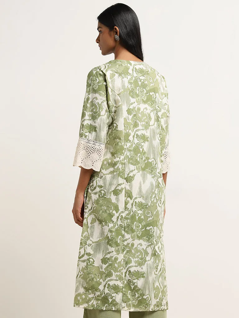 Utsa Green Ikat Printed A-Line Cotton Kurta